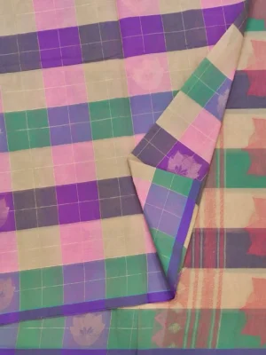 Close-up of Lotus motifs and Kattam checkered weave on multi-color Kovai cotton saree