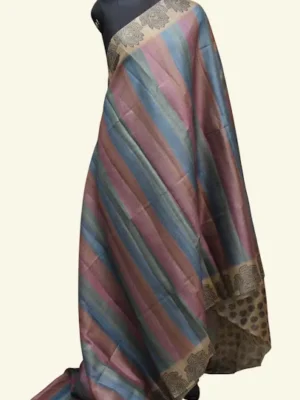 Multicolor Semi Tussar Saree with diagonal rainbow stripes and antique gold lotus border