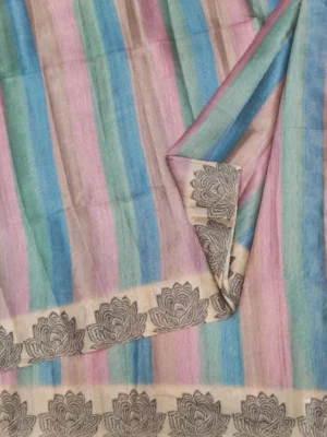 Close-up of antique gold lotus border and coin buttas on Multicolor Semi Tussar Saree