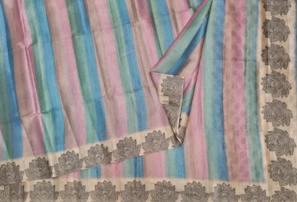 Semi Tussar Saree In Multi Colour With Rainbow Block Stripes