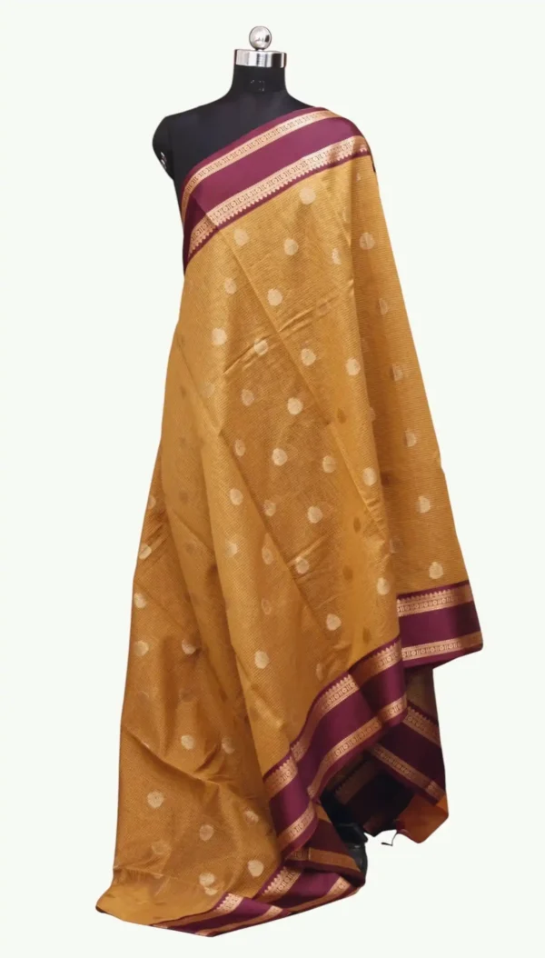 Mustard Yellow Semi Chanderi Saree In Checks Pattern
