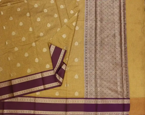 Mustard Yellow Semi Chanderi Saree In Checks Pattern