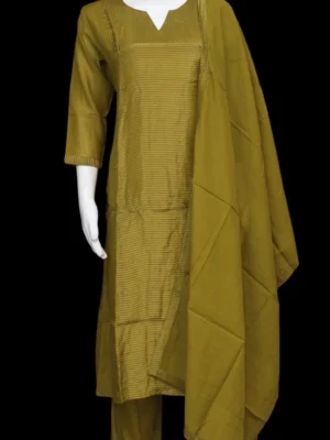Handloom Tissue Salwar Set In Olive Green With Golden Tissue Sheen