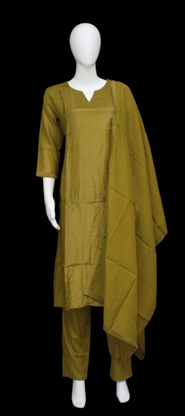 Handloom Tissue Salwar Set In Olive Green With Golden Tissue Sheen