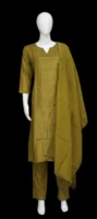 Handloom Tissue Salwar Set In Olive Green With Golden Tissue Sheen