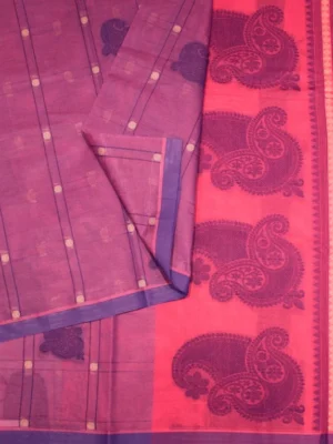 Close-up of paisley buttas and deep purple threadwork on Orchid Purple-Pink Kovai Cotton Saree