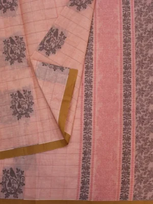 Close-up of bird crest motifs and check pattern on Peach Pink Kovai Cotton Saree
