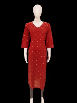 Red Cotton Kurti In V-Neckline