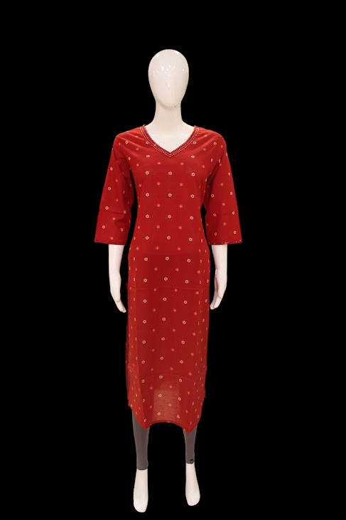 Red Cotton Kurti In V-Neckline