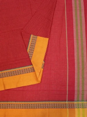 Close-up of golden checked pattern and geometric mustard border on Vermilion Red Premium Cotton Saree