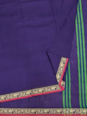 Close-up of floral paisley woven border and green striped pallu on Rich Purple Premium Cotton Saree
