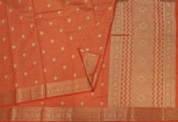 Semi Tussar Saree In Rust Orange With Golden Zari