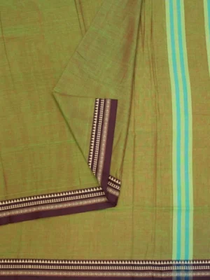 Close-up of cream golden geometric motifs on maroon border of Sage Green Premium Cotton Saree