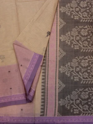 Close-up of geometric diamond buttas and traditional jacquard thread weaving on sandal Kovai cotton saree