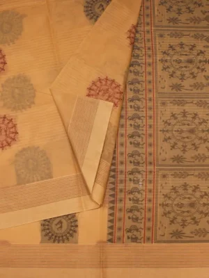 Close-up of red and black Warli threadwork on Sandalwood Kovai Cotton Saree