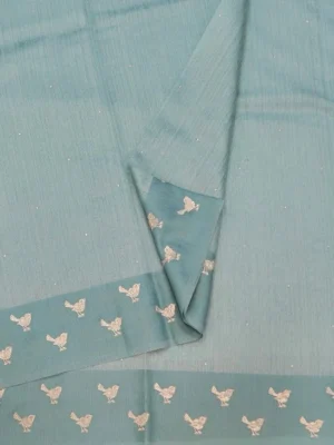 Close-up of natural tussar texture and zari bird buttas on Slate Blue Semi Tussar Saree
