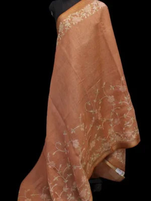 Rusty Terracotta Orange Tissue Linen Saree With Floral Embroidery
