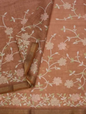 Close-up of floral vine embroidery on Terracotta Orange Tissue Linen Saree