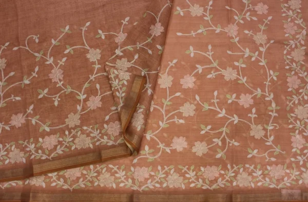 Rusty Terracotta Orange Tissue Linen Saree With Floral Embroidery