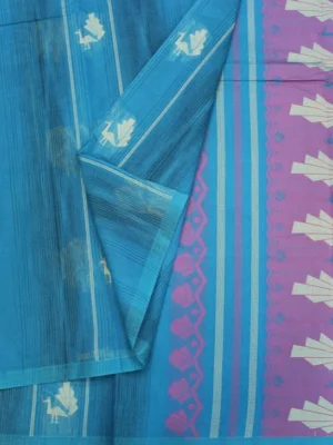 Close-up of geometric Peacock Mayil butta motifs on vibrant teal blue Kovai Cotton Saree