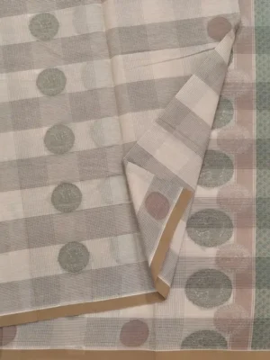 Close-up of beige cream Kovai Cotton Saree with coin buttas and tan brown border