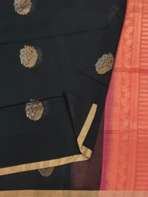 Closeup Black Pure Handloom Silk Cotton Saree with Gold Zari Floral Medallion Pallu