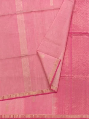 Closeup Candy pink handloom silk cotton saree featuring fine vertical pinstripes