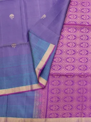 Close-up of gold zari leaf buttas, striped violet border and floral jaal pallu on Dual Violet Soft Silk Saree