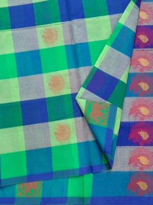 Close-up of Kattam Kovai Cotton Saree with elephant and orange-gold thread buttas