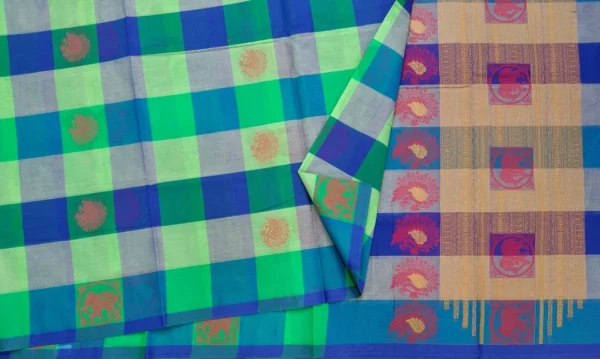 Pure Handloom Kovai Cotton Saree In Kattam Design
