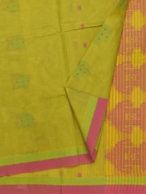 Close-up of chariot Kolam threadwork and geometric motifs on Pure Handloom Kovai Cotton Saree