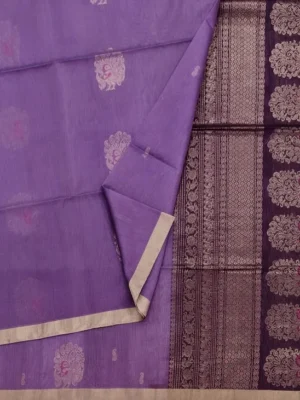Closeup Lavender Handloom Silk Cotton Saree with Deep Wine