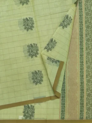 Close-up of Light Yellow Green Kovai Cotton Saree with Twin Bird Motifs