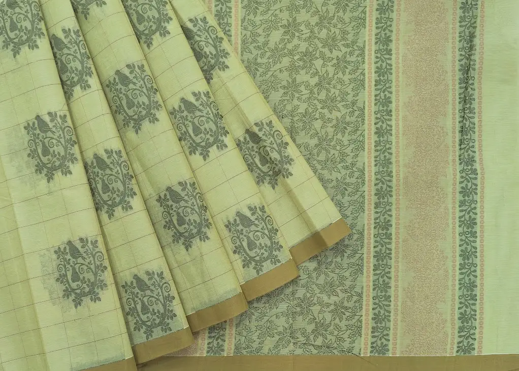 Light Yellow Green Pure Kovai Cotton Saree