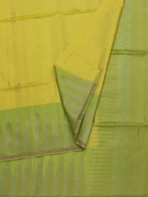 Close-up of pastel green temple motifs and intricate golden zari weaving on Light Yellow Soft Silk Saree