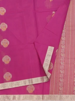 Close-up of peacock and elephant zari buttas and ornate pallu on Magenta Pink Kovai Cotton Saree