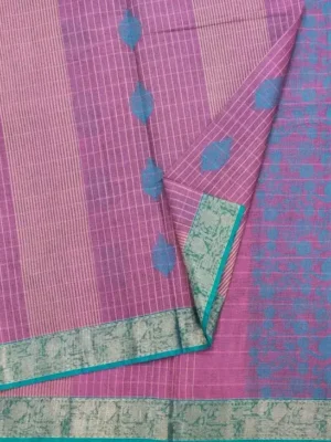 Close-up of zari checks, Kalash motifs and sea green woven border on Mauve Kovai Cotton Saree