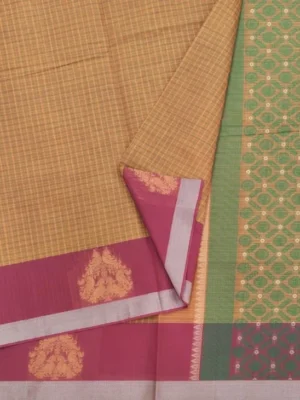 Close-up of Mustard Yellow Kovai Cotton Saree with Annapakshi Zari Border