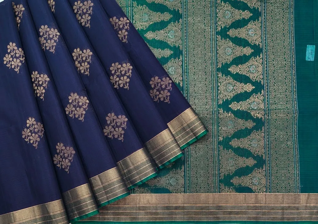 Pure Handloom Silk Cotton Saree In Navy Blue