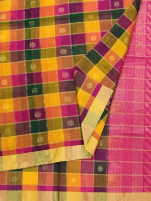 Close-up of Paalum Pazhamum checks and circular gold zari buttas on Pure Silk Cotton Saree
