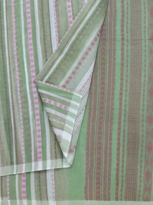 Close-up of pastel green Kovai Cotton Saree with pink threadwork border