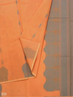 Close-up of pastel peach orange Kovai Cotton Saree with green thread-woven temple border