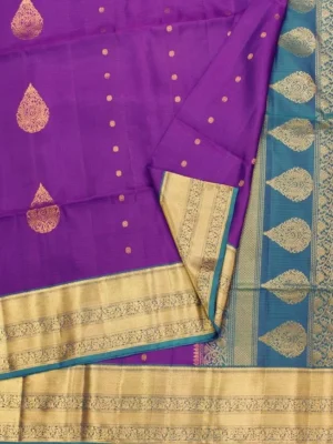Close-up of Royal Purple Soft Silk Saree with Paisley Motifs and Gold Zari Borde