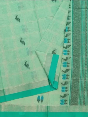 Close-up of sea green Kovai Cotton Saree with woven peacock motifs and aqua border