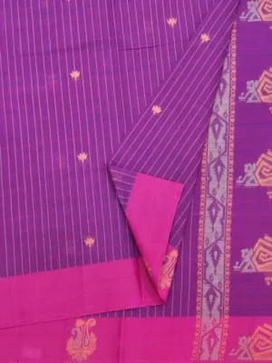 Close-up of violet purple Kovai Cotton Saree with zari checks and gold floral buttas